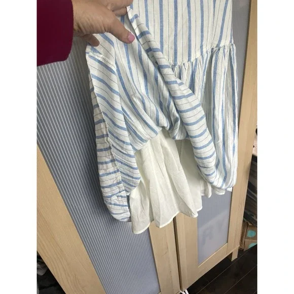 AERIE Love Of Linen Mini Dress Women's Size S Blue White Stripes Beach Boho New - Picture 5 of 8
